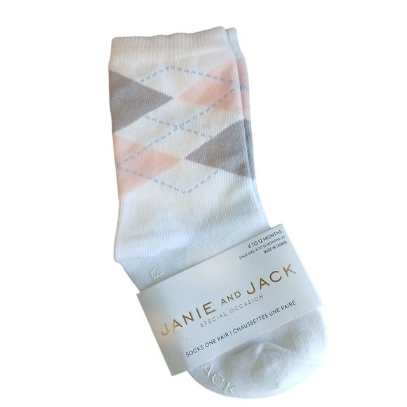 NWT Janie And Jack Socks Pink Gray Blue Argyle 6-12 Months Church Party - Picture 1 of 3